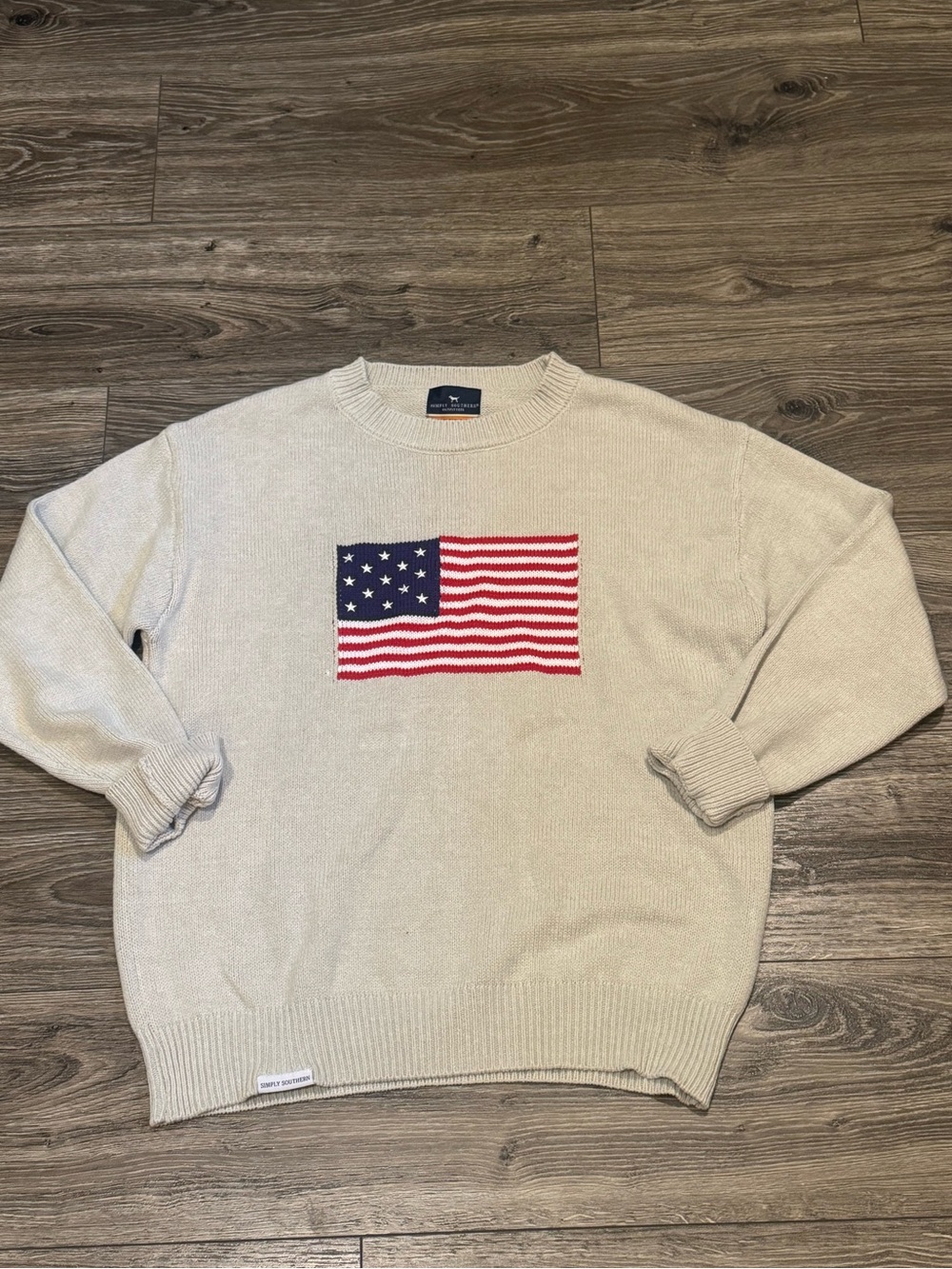 Simply Southern Cream Crewneck Sweater with American Flag Knit